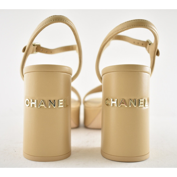 Chanel 24C Beige Nude Lambskin Leather Platform Ankle Strap Block Heel Sandal 42 - Picture 10 of 15